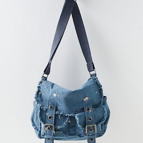 Free People SHADOWBOXER Blue Canvas Messenger Bag Bleach Splash  $98 - Picture 3 of 10